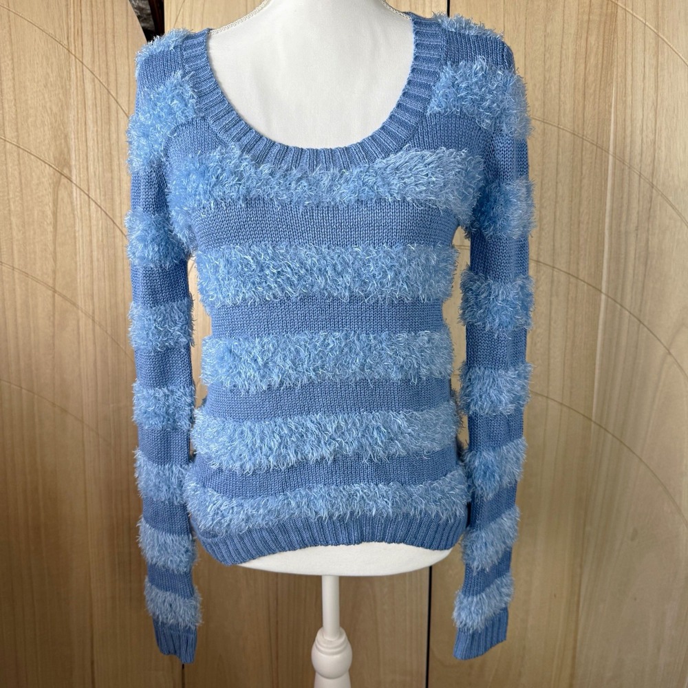 Vintage Y2K Striped Fuzzy Eyelash Knit Sweater Powder Blue Love Crazy